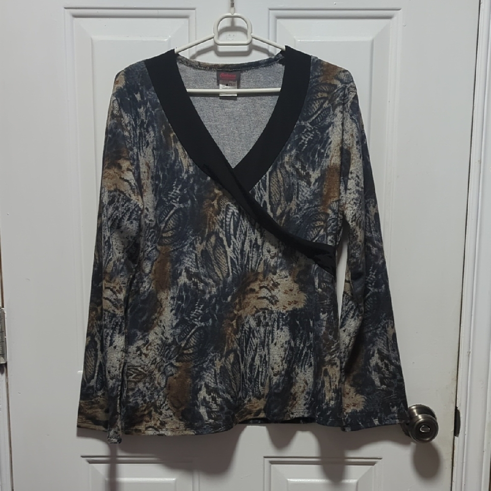Elegant Black and Brown V-Neck Blouse